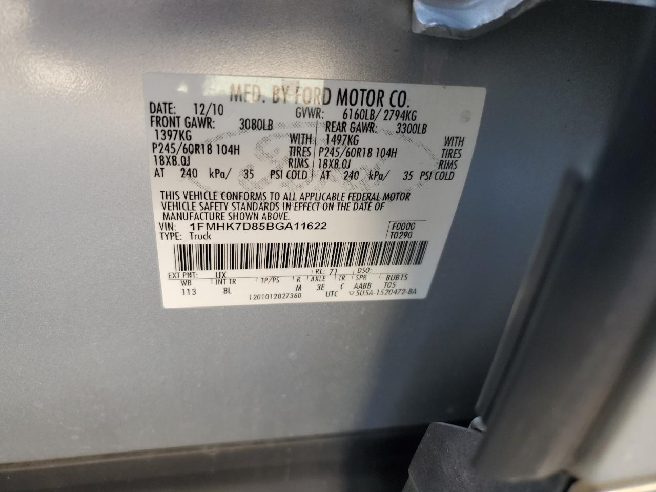 2011 Ford Explorer Xlt VIN: 1FMHK7D85BGA11622 Lot: 93112635