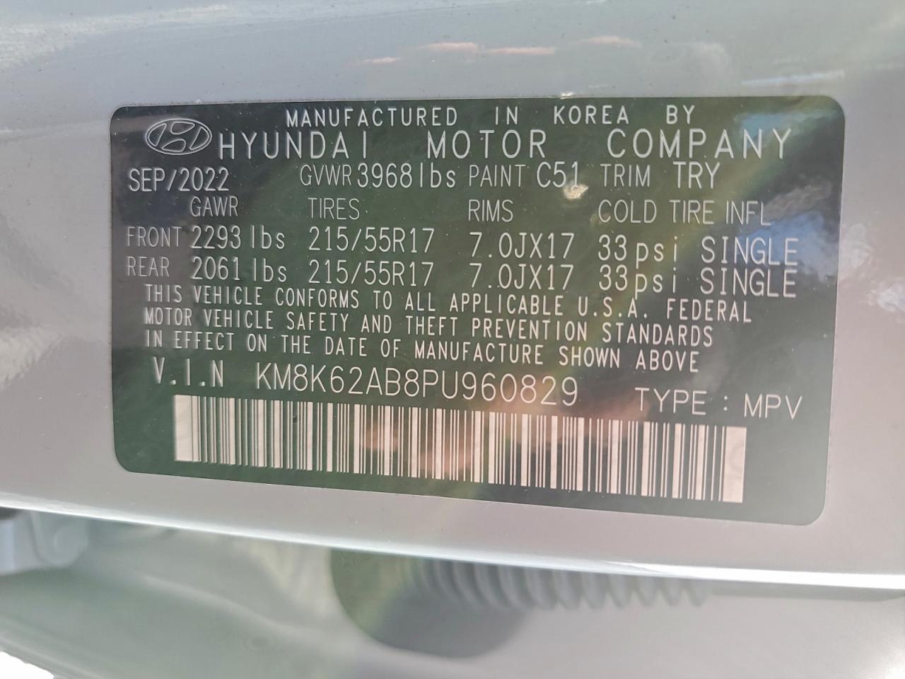 2023 Hyundai Kona Sel VIN: KM8K62AB8PU960829 Lot: 94356035