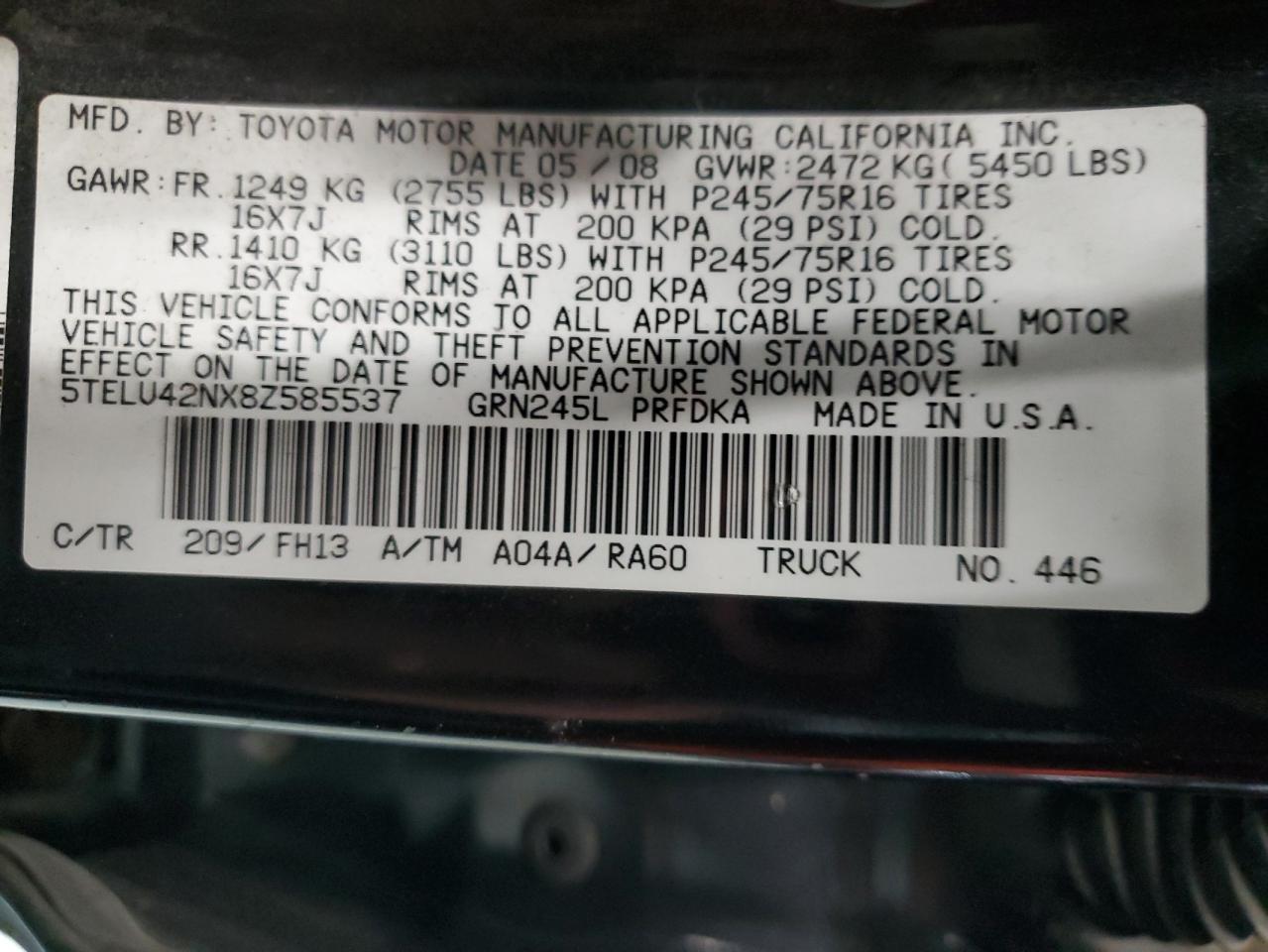 2008 Toyota Tacoma Double Cab VIN: 5TELU42NX8Z585537 Lot: 93515655