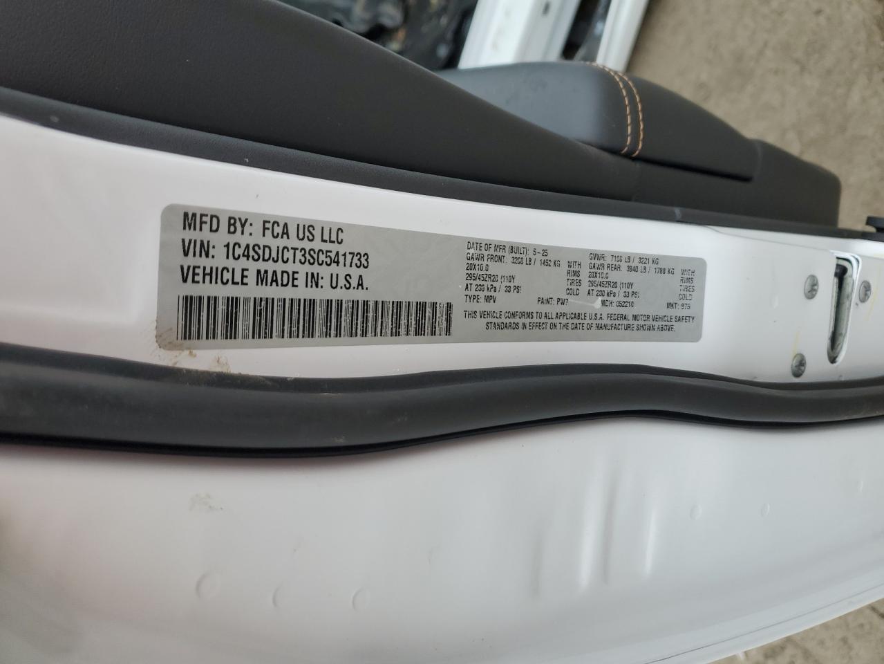 2025 Dodge Durango R/T VIN: 1C4SDJCT3SC541733 Lot: 92446675