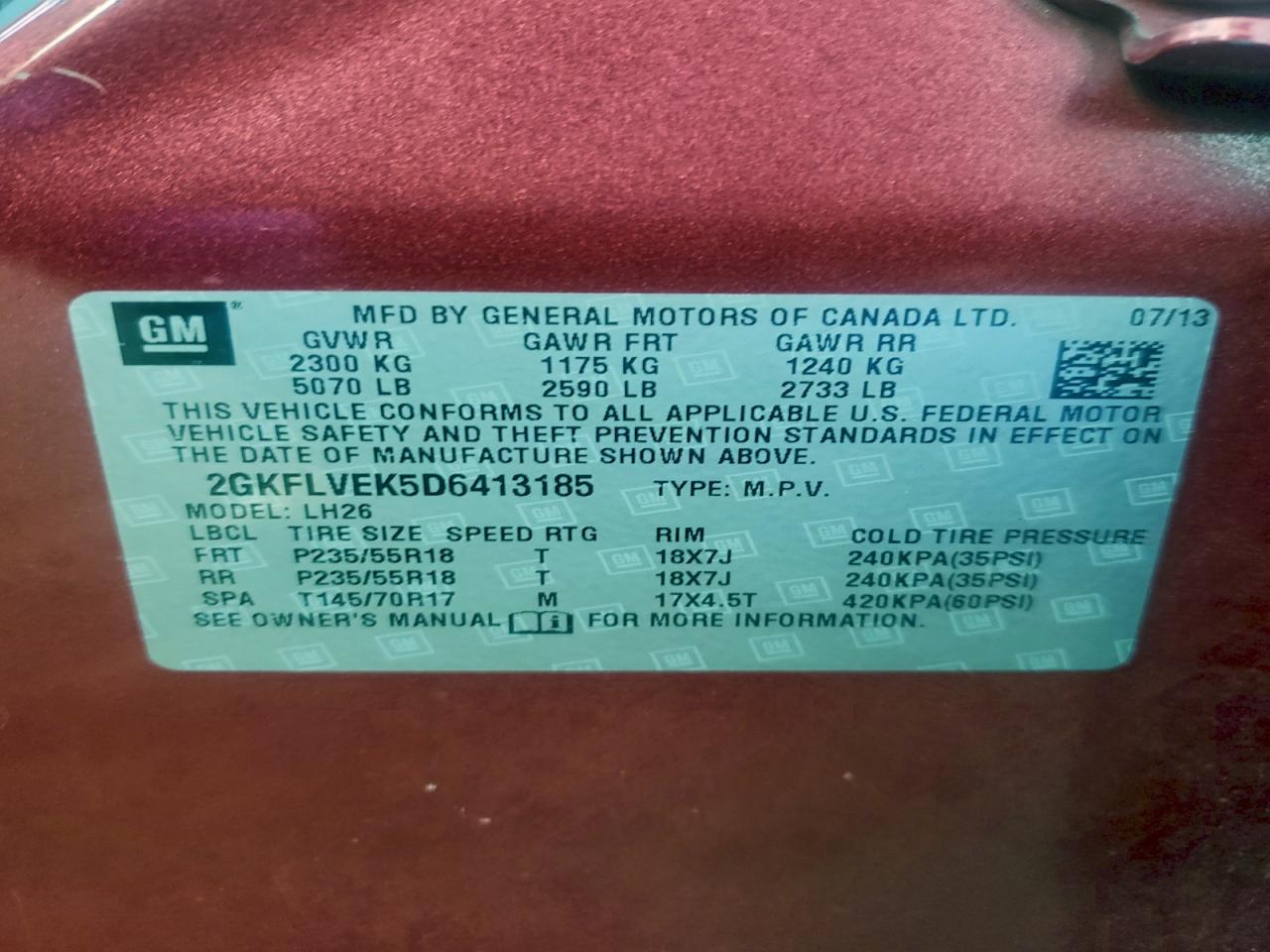 2013 GMC Terrain Slt VIN: 2GKFLVEK5D6413185 Lot: 93779625