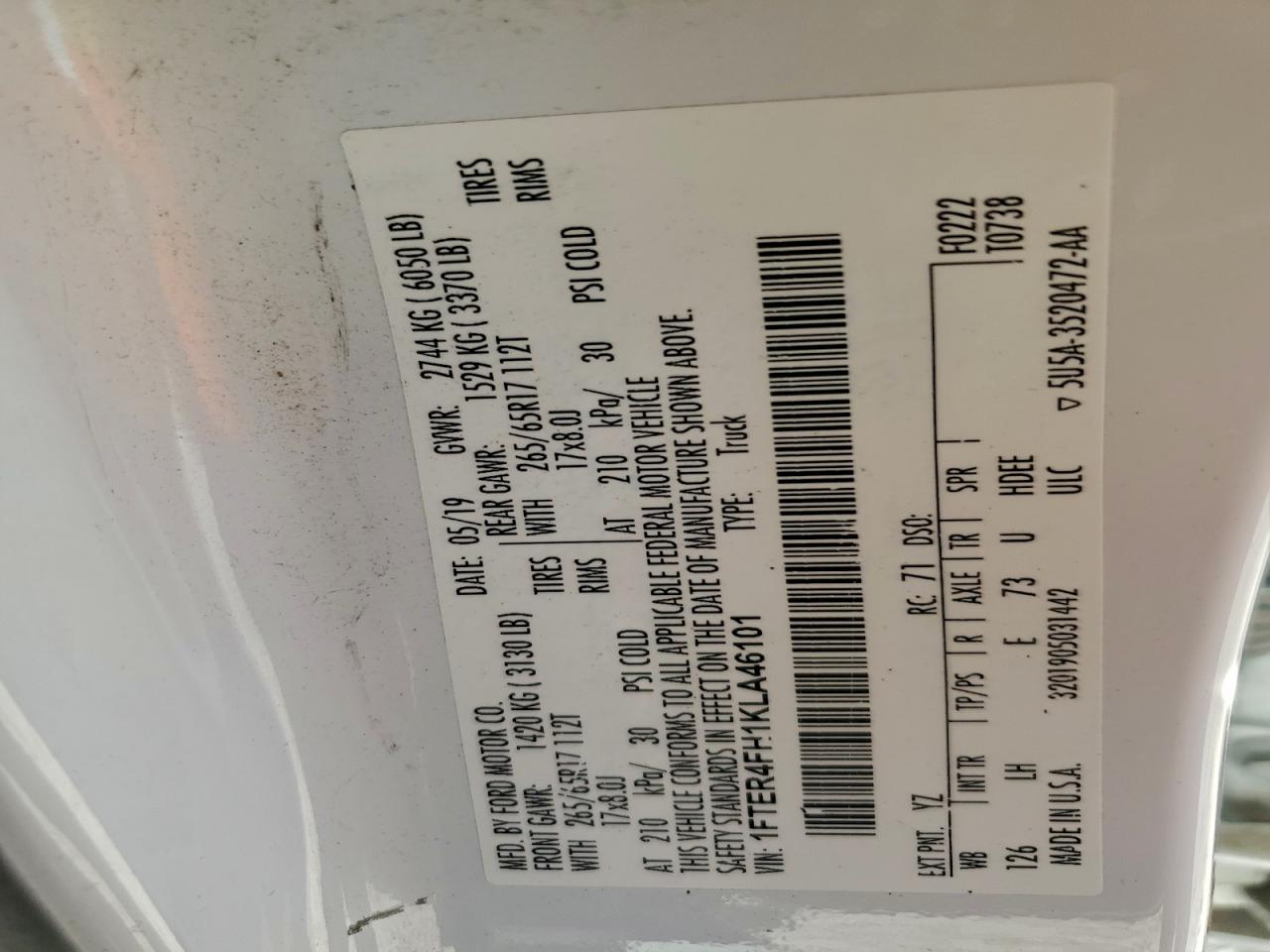 2019 Ford Ranger Xl VIN: 1FTER4FH1KLA46101 Lot: 94084925