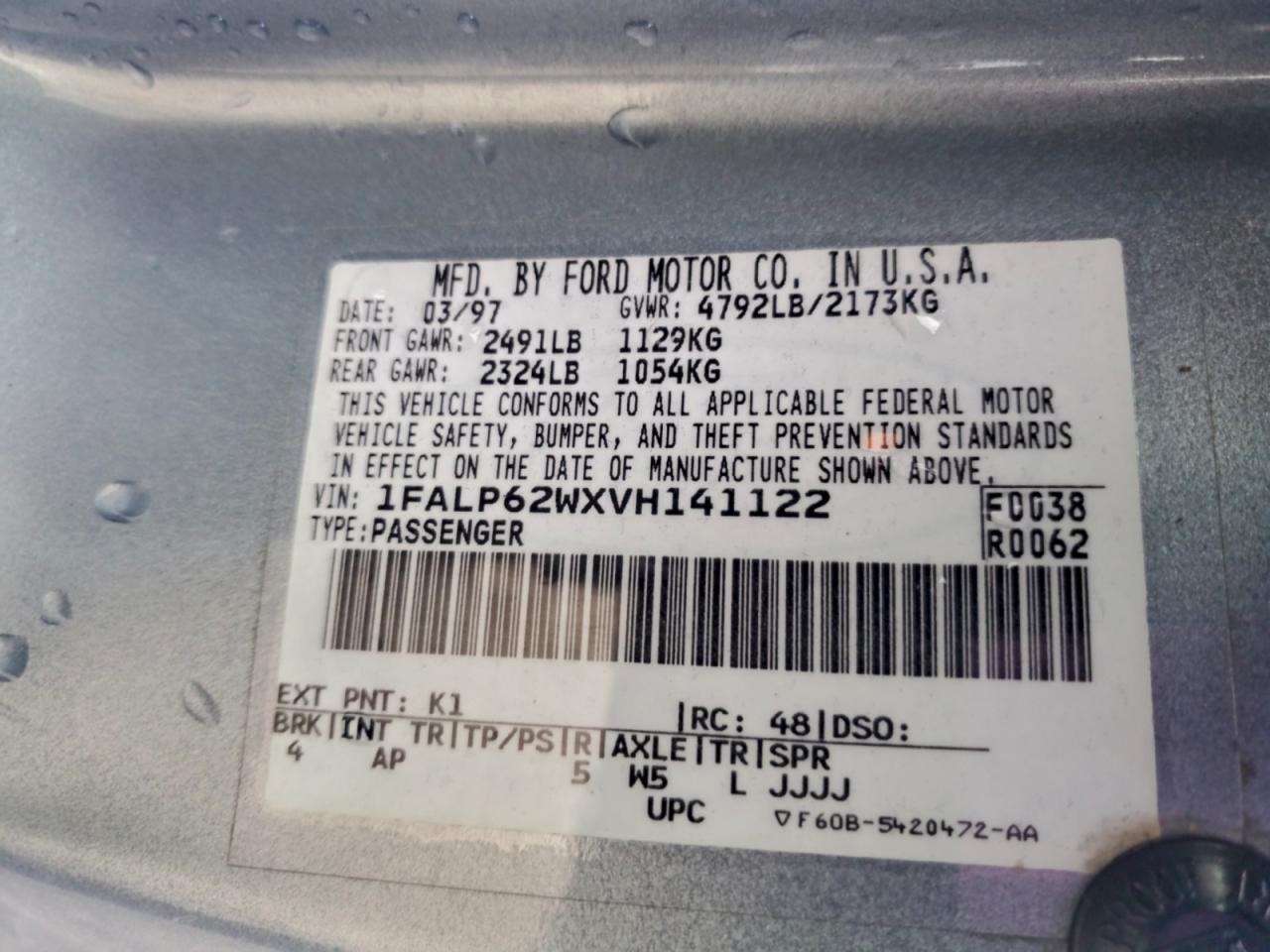 1997 Ford Thunderbird Lx VIN: 1FALP62WXVH141122 Lot: 94340555