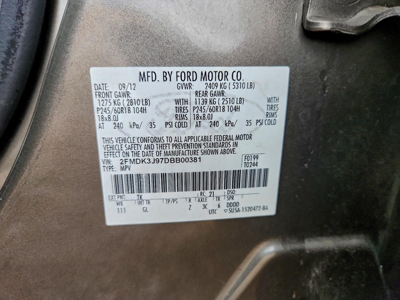 2013 Ford Edge Sel VIN: 2FMDK3J97DBB00381 Lot: 93296395