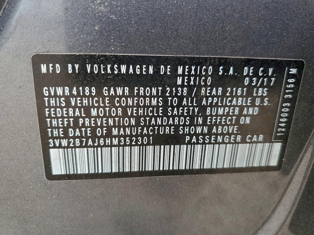 2017 Volkswagen Jetta S VIN: 3VW2B7AJ6HM352301 Lot: 94216515