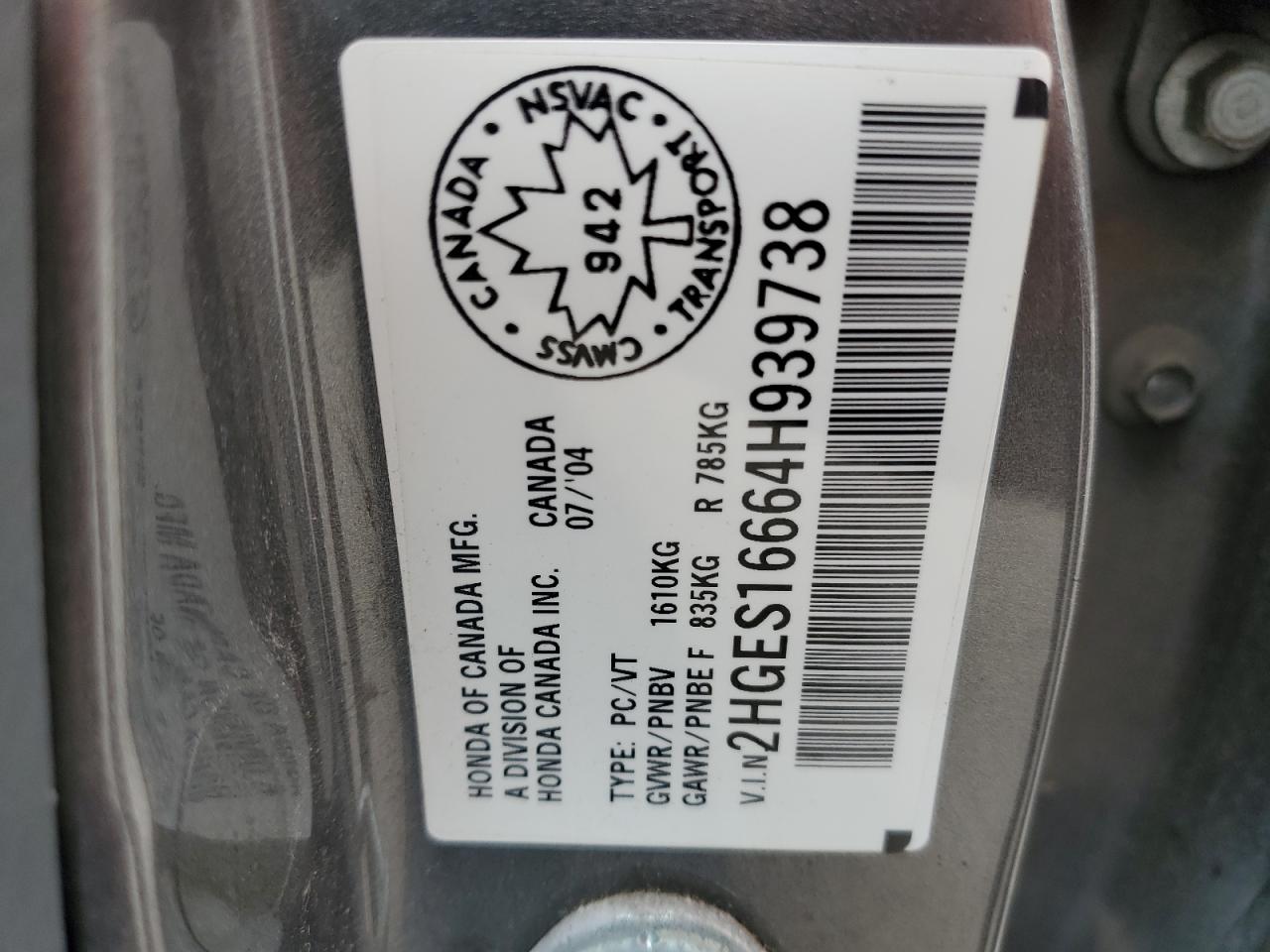 2004 Honda Civic Lx VIN: 2HGES16664H939738 Lot: 90415255