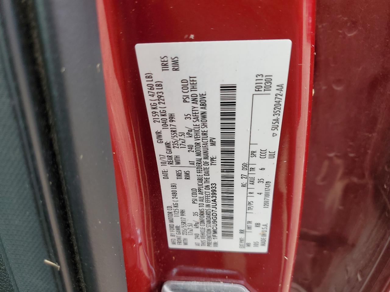 2018 Ford Escape Se VIN: 1FMCU9GD7JUA39933 Lot: 93128525