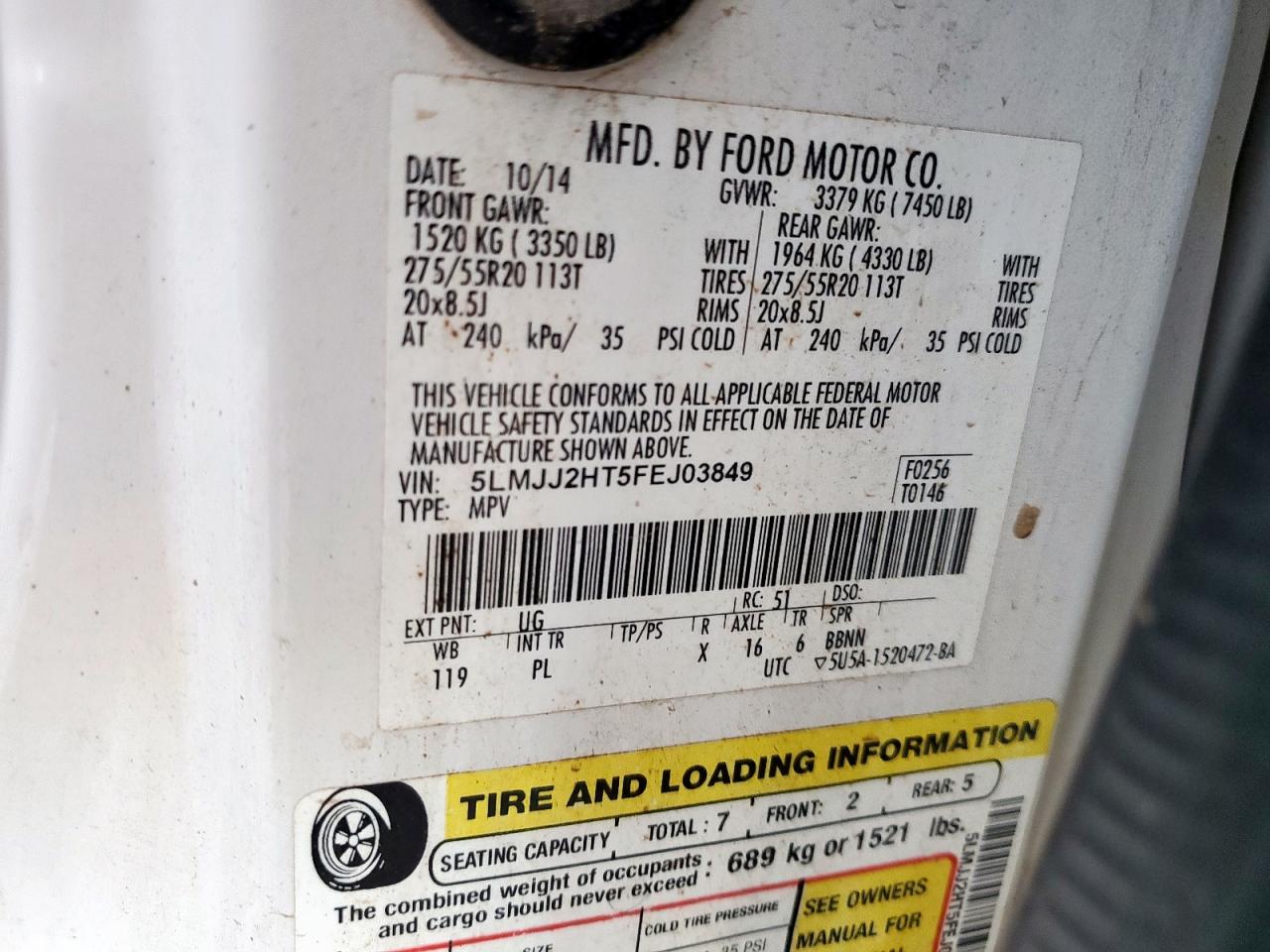 2015 Lincoln Navigator VIN: 5LMJJ2HT5FEJ03849 Lot: 92702725