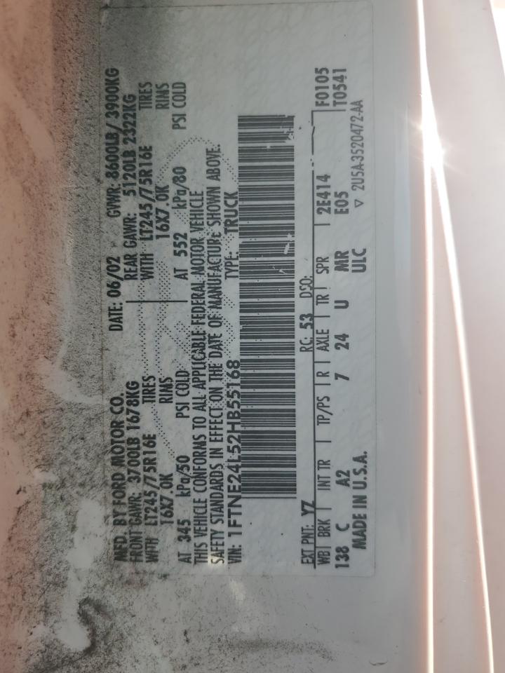 2002 Ford E250 Delivery Van VIN: 1FTNE24L52HB55168 Lot: 90999465