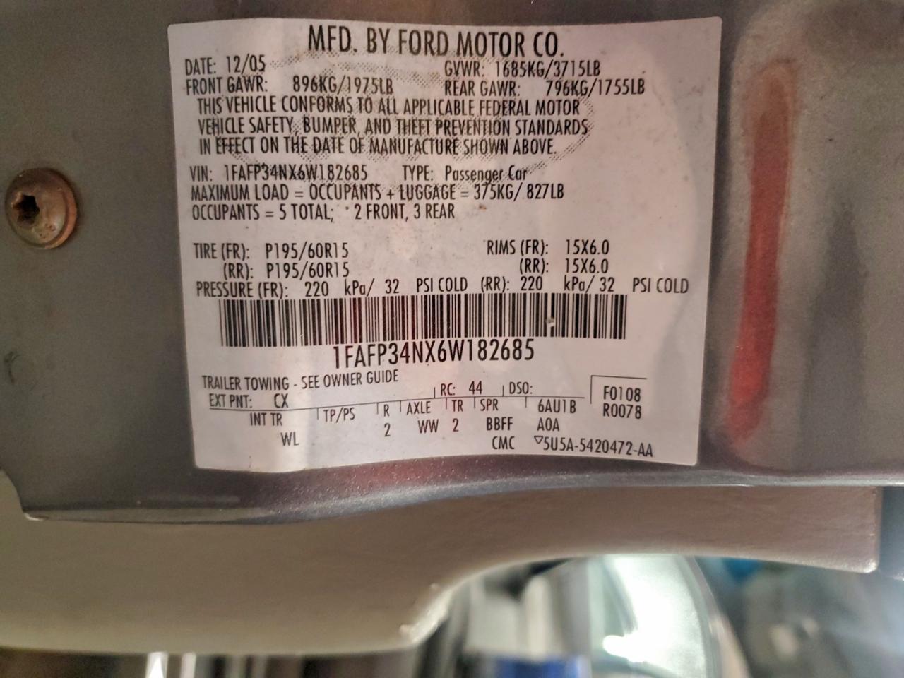 2006 Ford Focus Zx4 VIN: 1FAFP34NX6W182685 Lot: 94520985