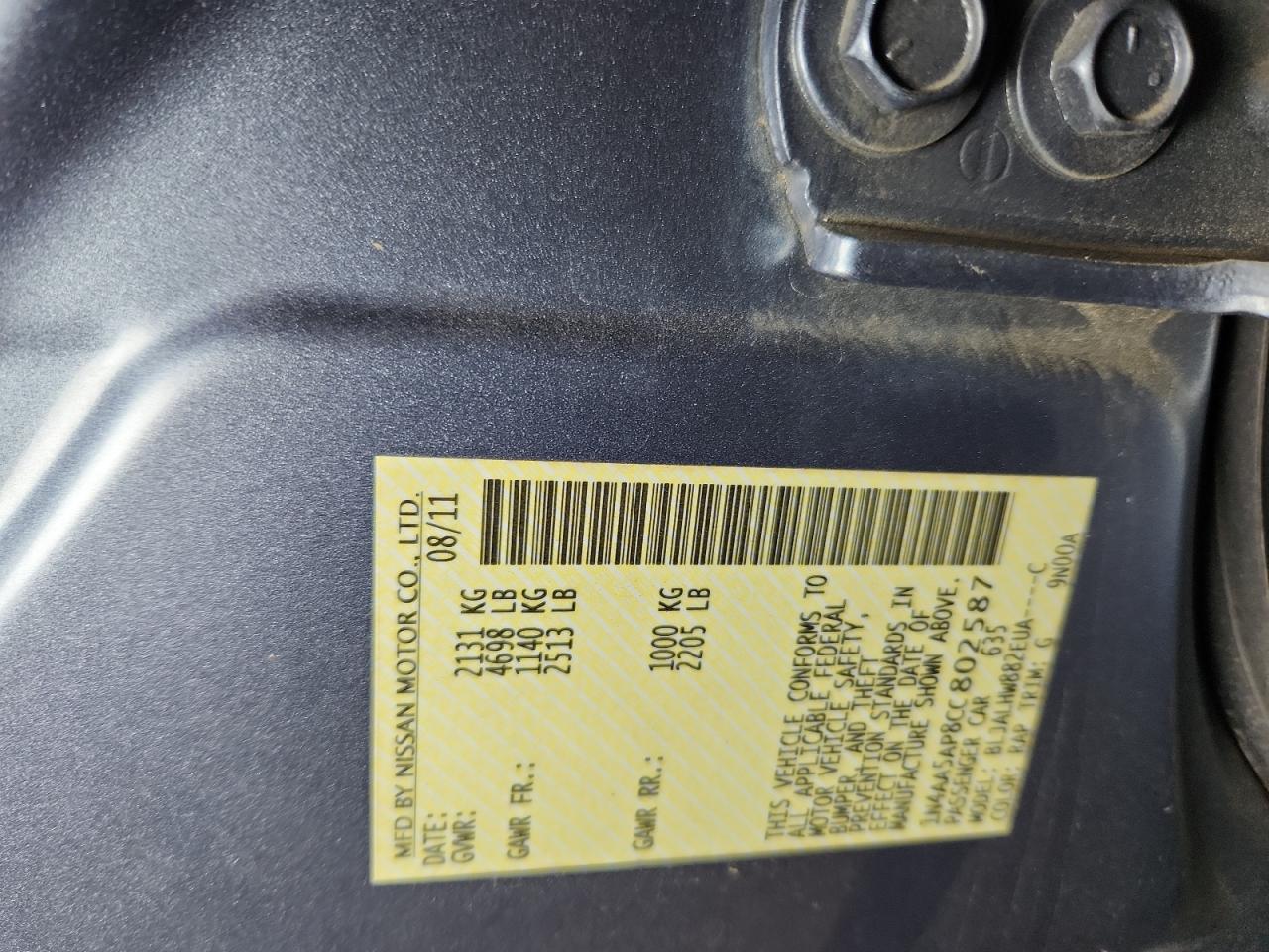 2012 Nissan Maxima S VIN: 1N4AA5AP8CC802587 Lot: 93503025