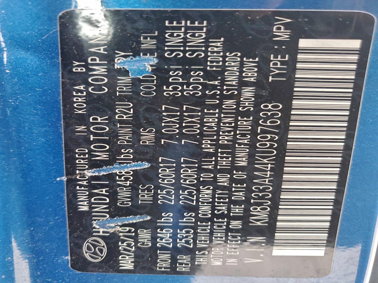 2019 Hyundai Tucson Limited VIN: KM8J33A44KU997638 Lot: 93936255