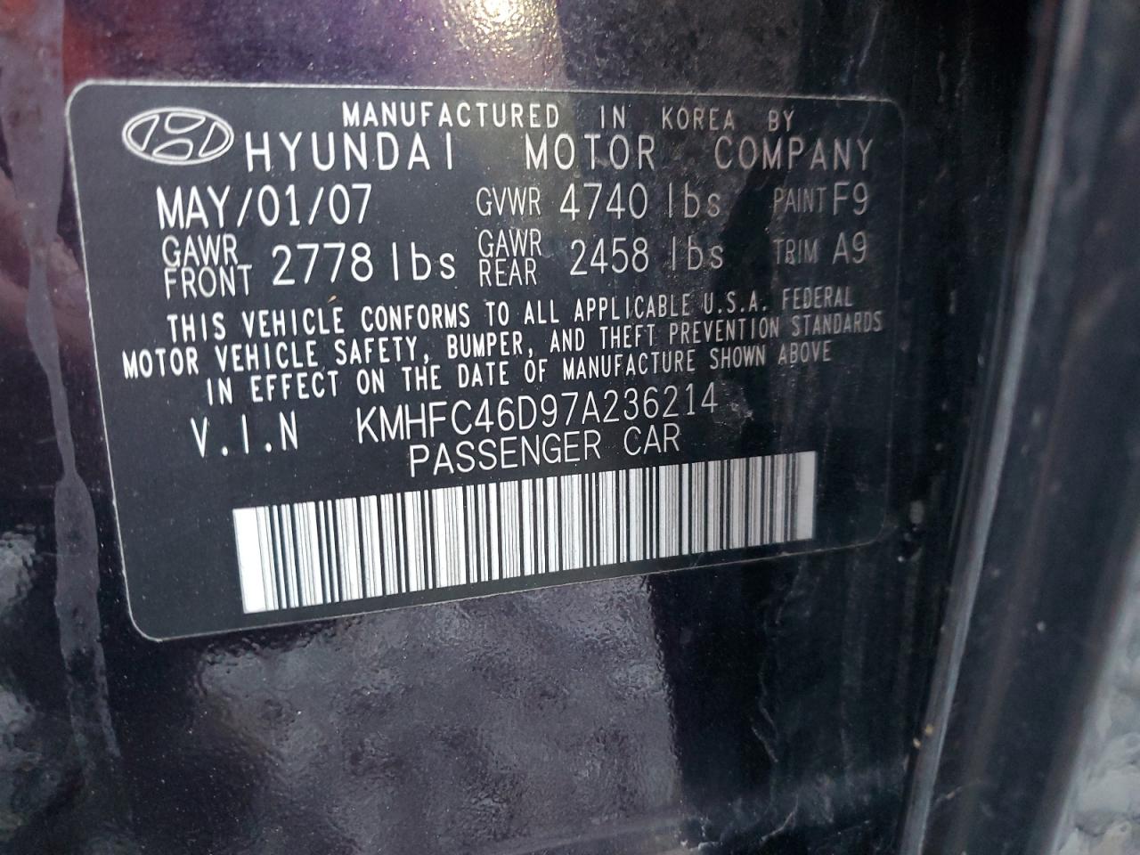 2007 Hyundai Azera Gls VIN: KMHFC46D97A236214 Lot: 93449595