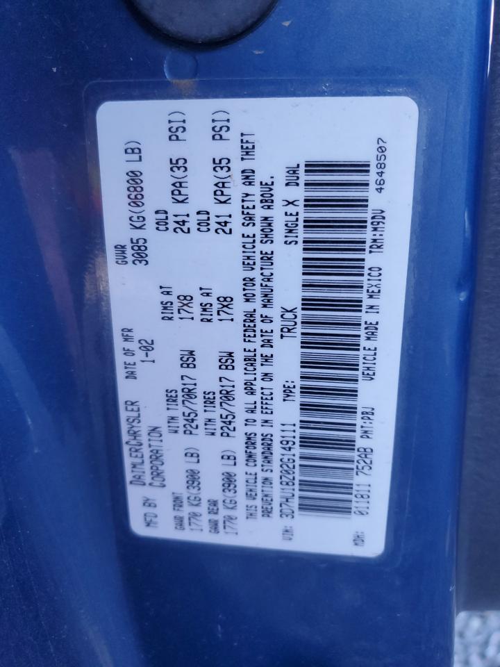 2002 Dodge Ram 1500 VIN: 3D7HU18Z02G149111 Lot: 90452165