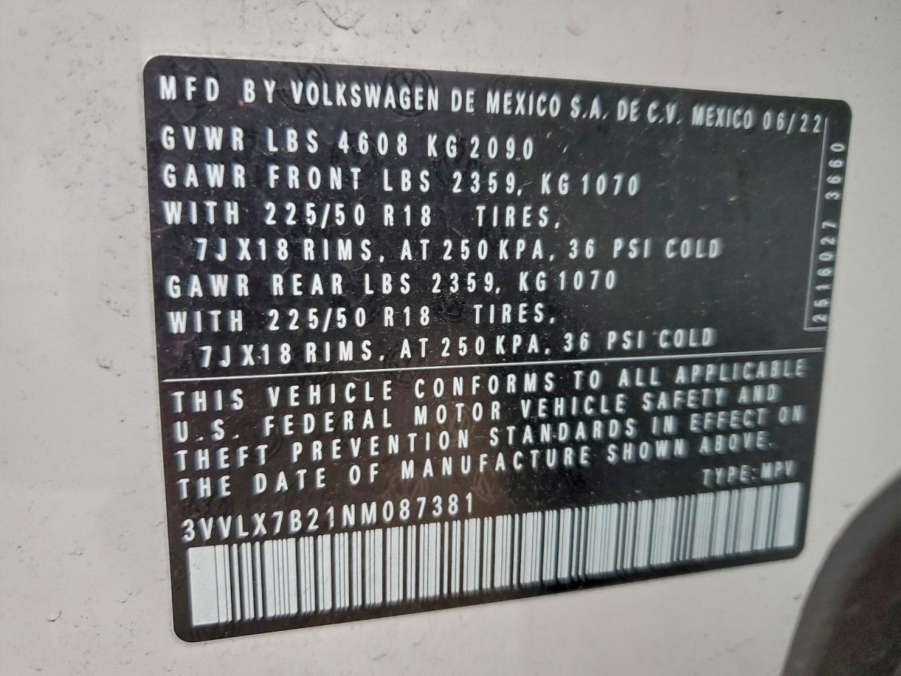 2022 Volkswagen Taos Se Iq Drive VIN: 3VVLX7B21NM087381 Lot: 93637985