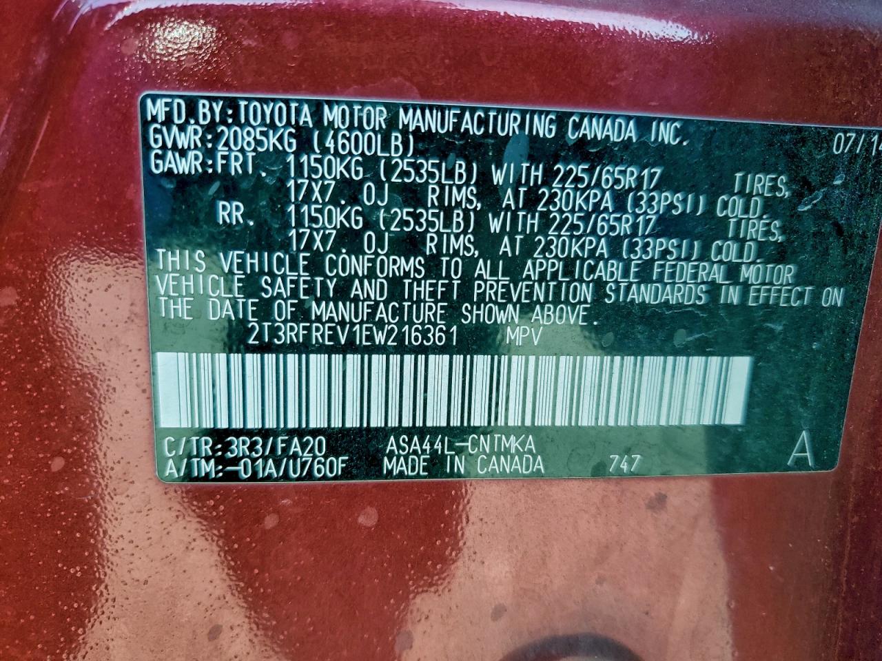 2014 Toyota Rav4 Xle VIN: 2T3RFREV1EW216361 Lot: 94334955