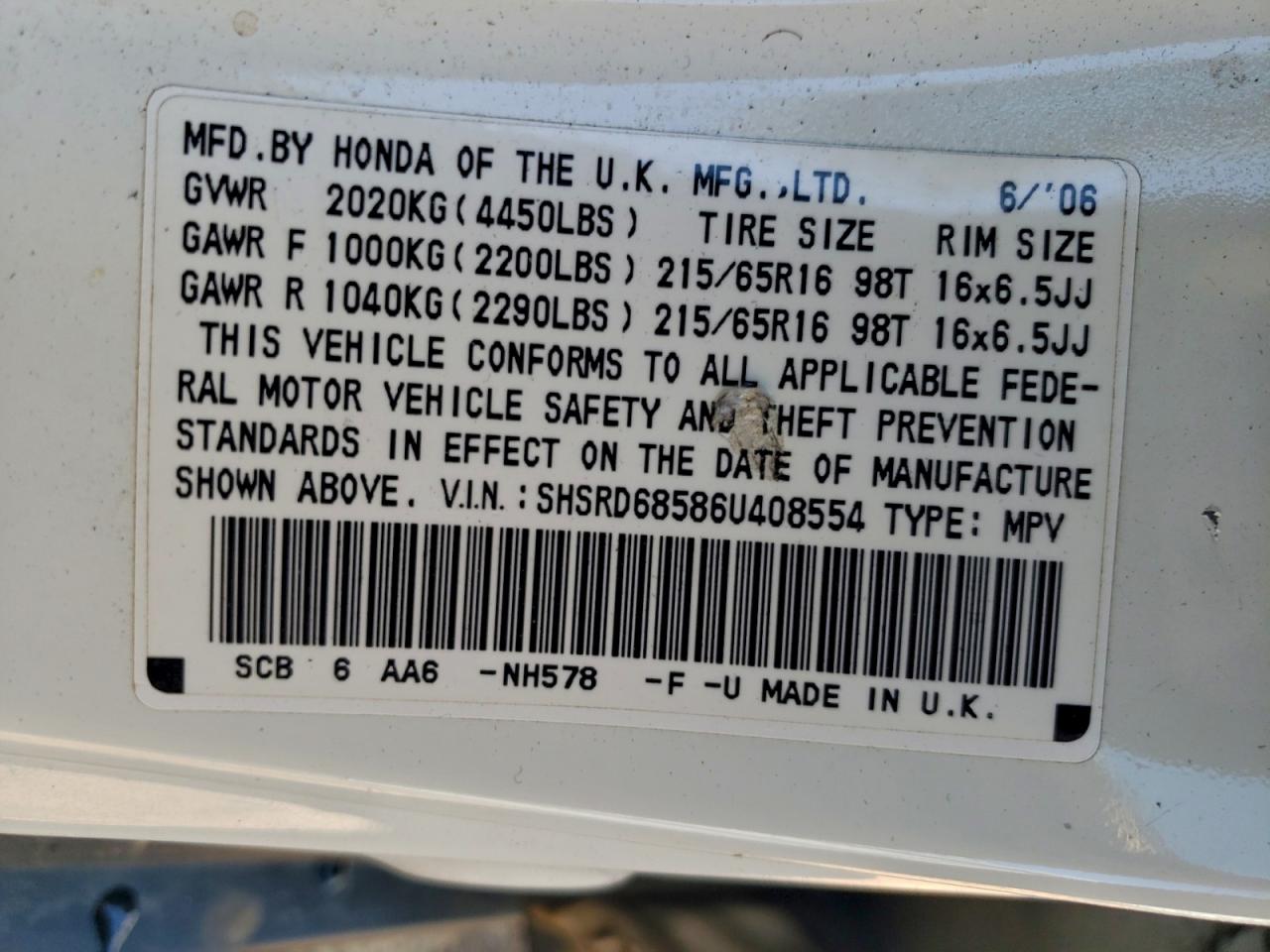 2006 Honda Cr-V Lx VIN: SHSRD68586U408554 Lot: 94346645