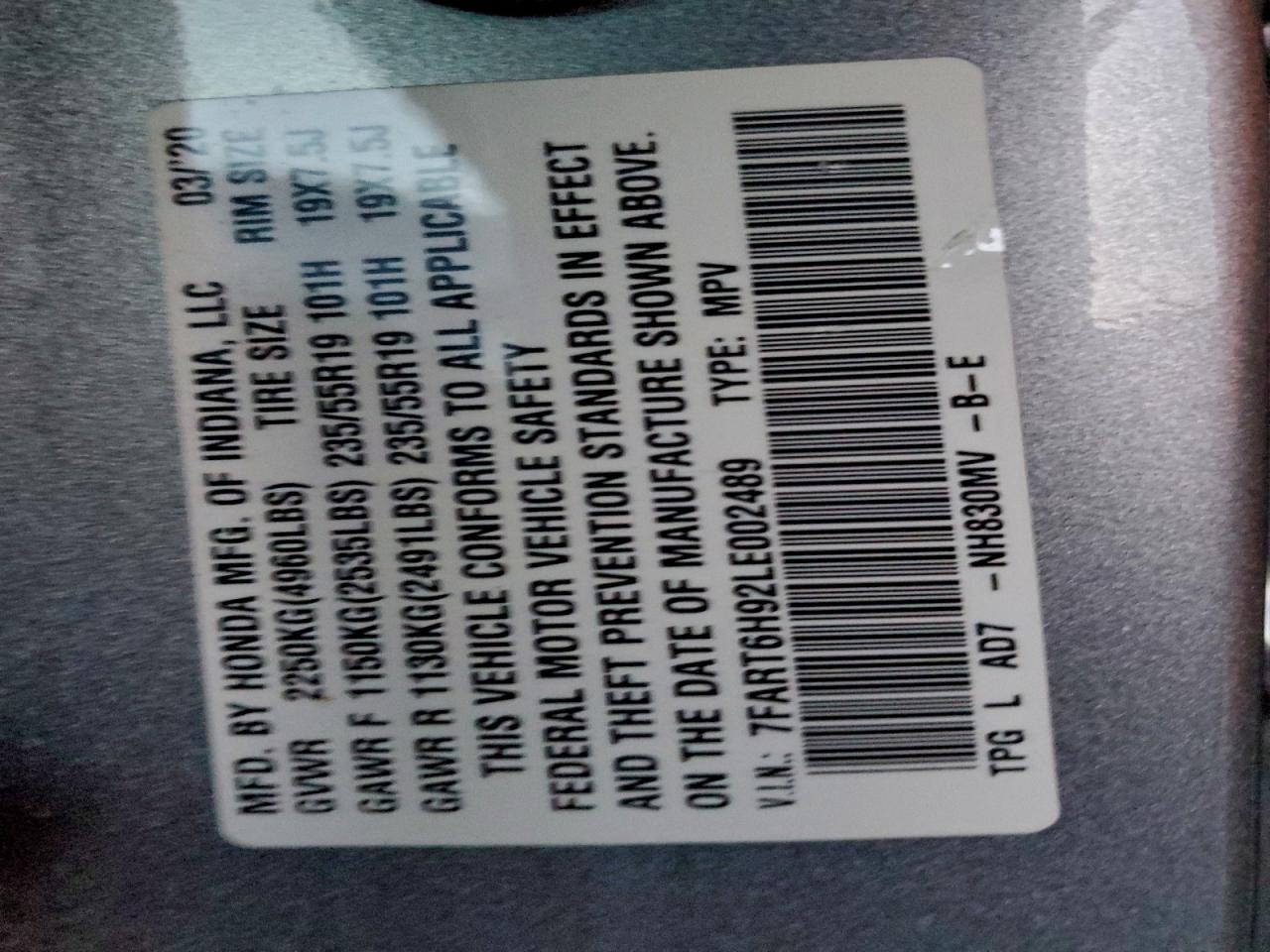 2020 Honda Cr-V Touring VIN: 7FART6H92LE002489 Lot: 93650215