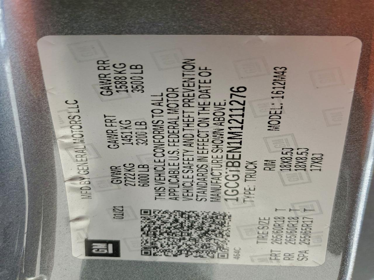 2021 Chevrolet Colorado VIN: 1GCGTBEN1M1211276 Lot: 92660935