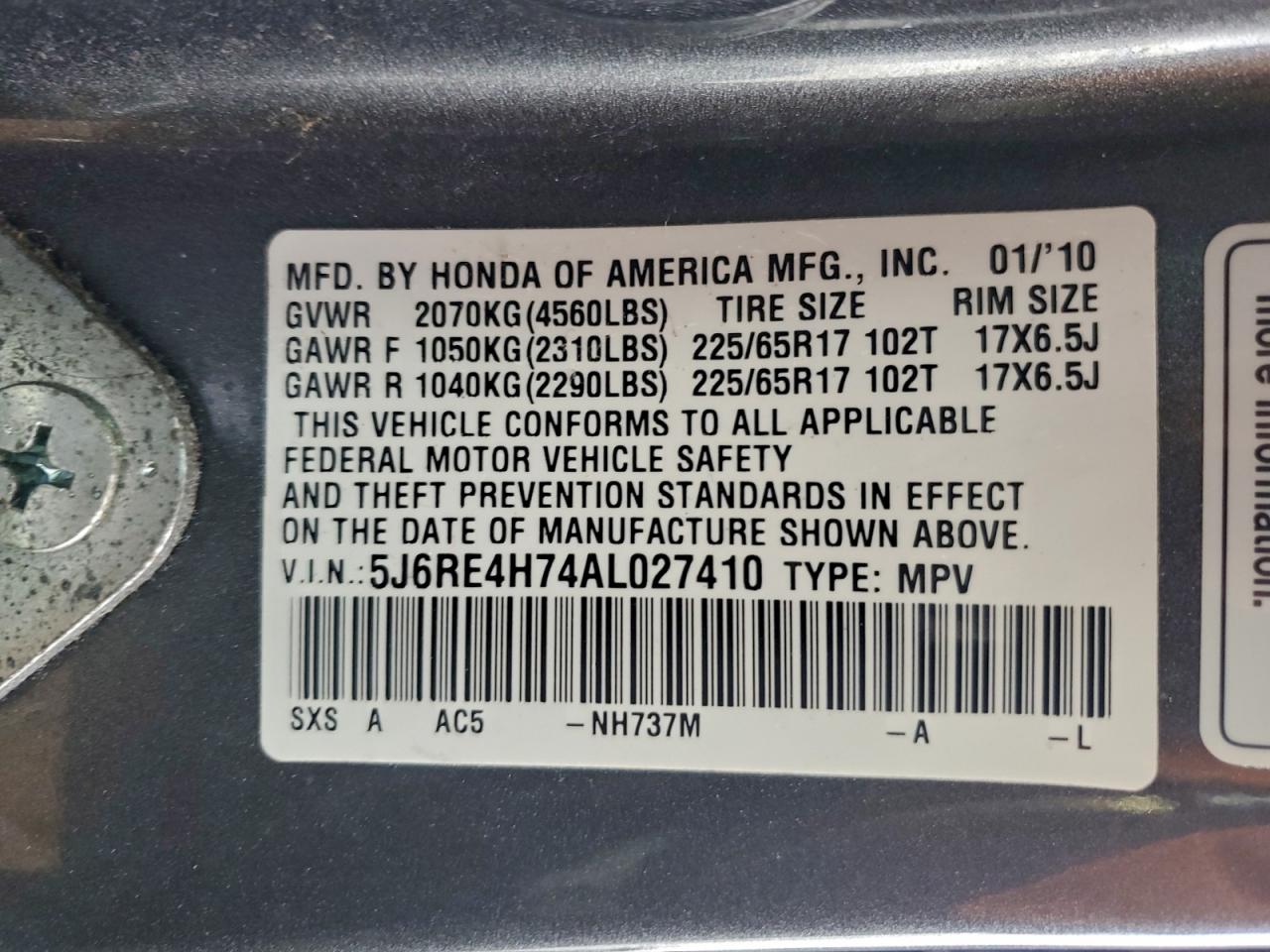 2010 Honda Cr-V Exl VIN: 5J6RE4H74AL027410 Lot: 92929185