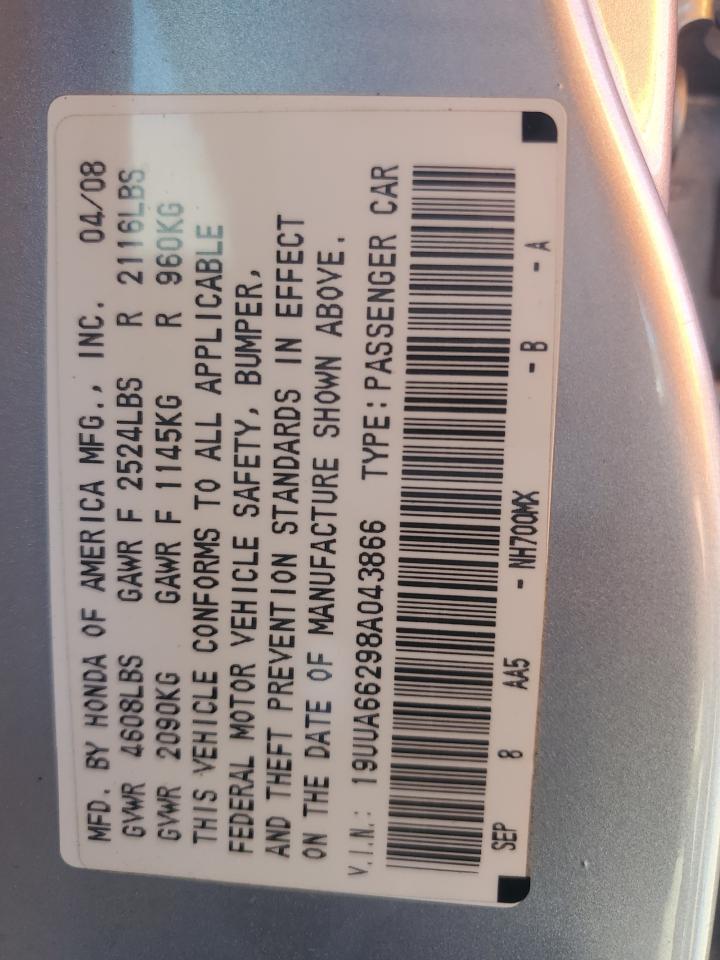 2008 Acura Tl VIN: 19UUA66298A043866 Lot: 91054815