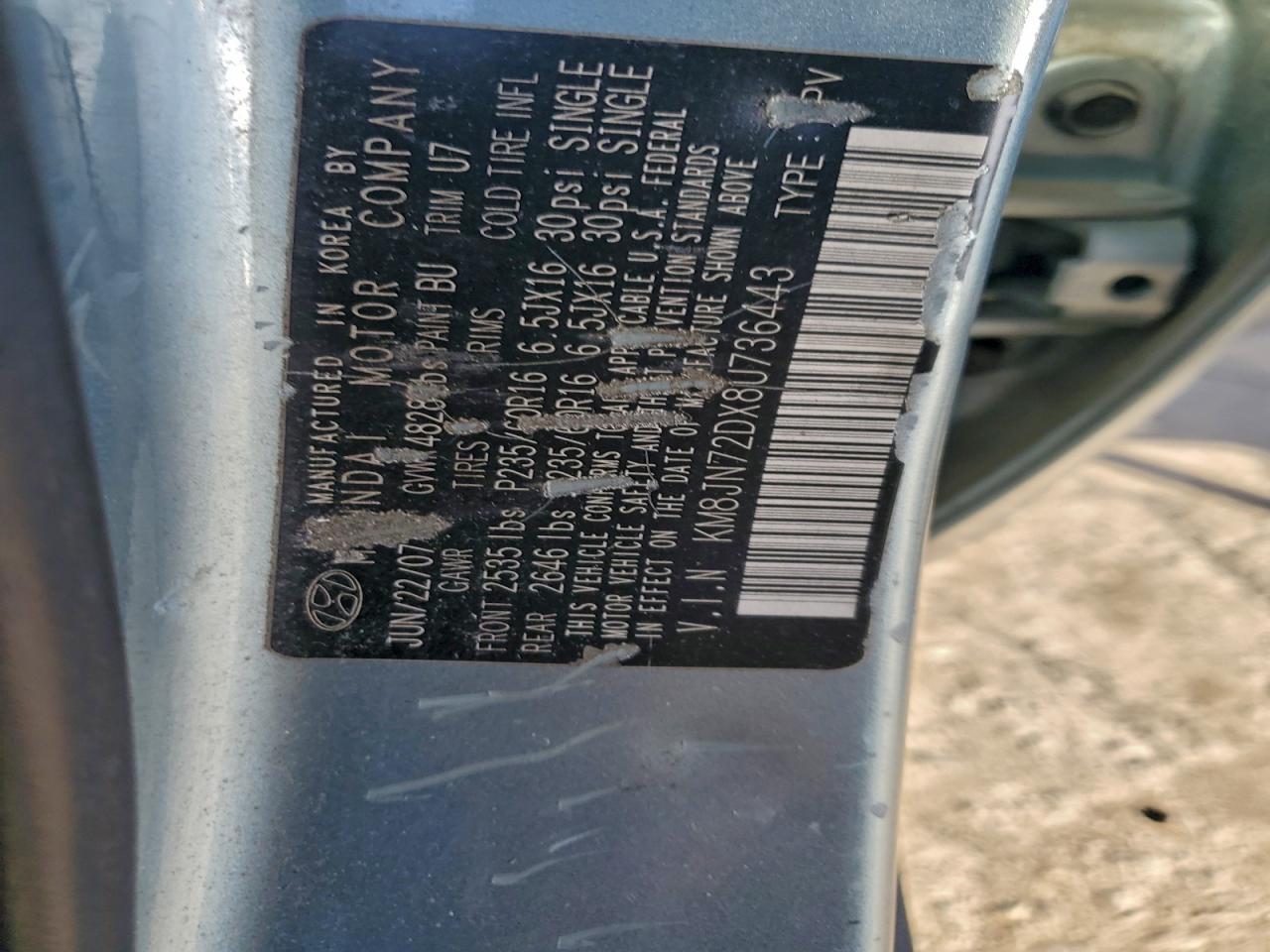 2008 Hyundai Tucson Se VIN: KM8JN72DX8U736443 Lot: 93752885