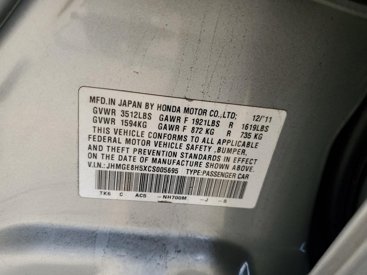 2012 Honda Fit Sport VIN: JHMGE8H5XCS005695 Lot: 92938205