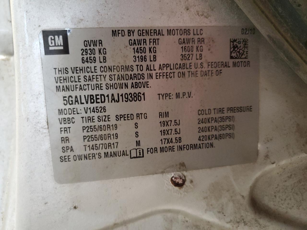 2010 Buick Enclave Cxl VIN: 5GALVBED1AJ193861 Lot: 91527555