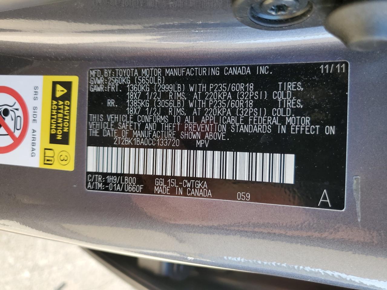 2012 Lexus Rx 350 VIN: 2T2BK1BA0CC133720 Lot: 92179975