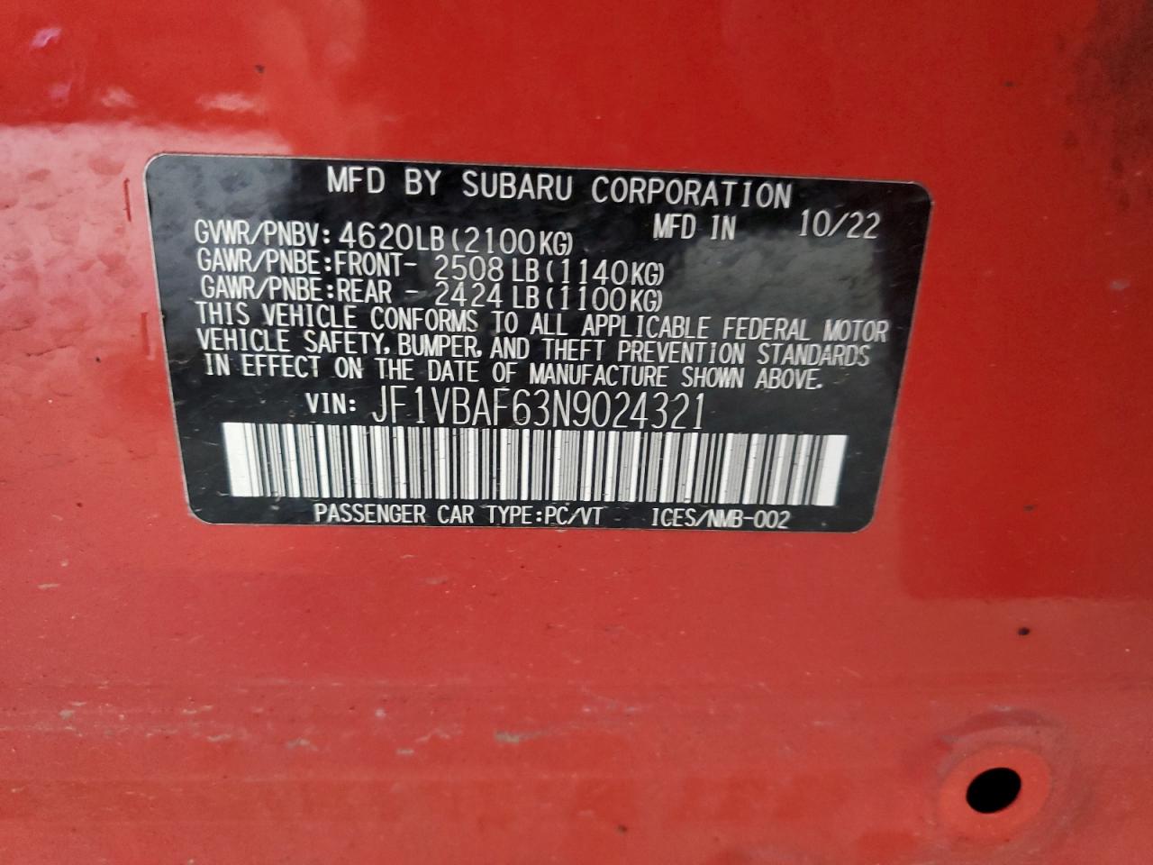 2022 Subaru Wrx Premium VIN: JF1VBAF63N9024321 Lot: 92623975