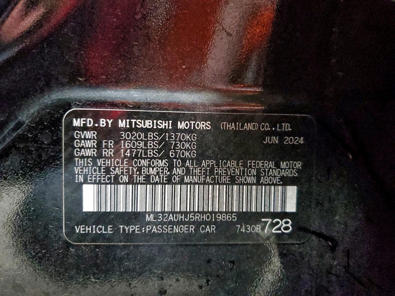 2024 Mitsubishi Mirage Es VIN: ML32AUHJ5RH019865 Lot: 93251895