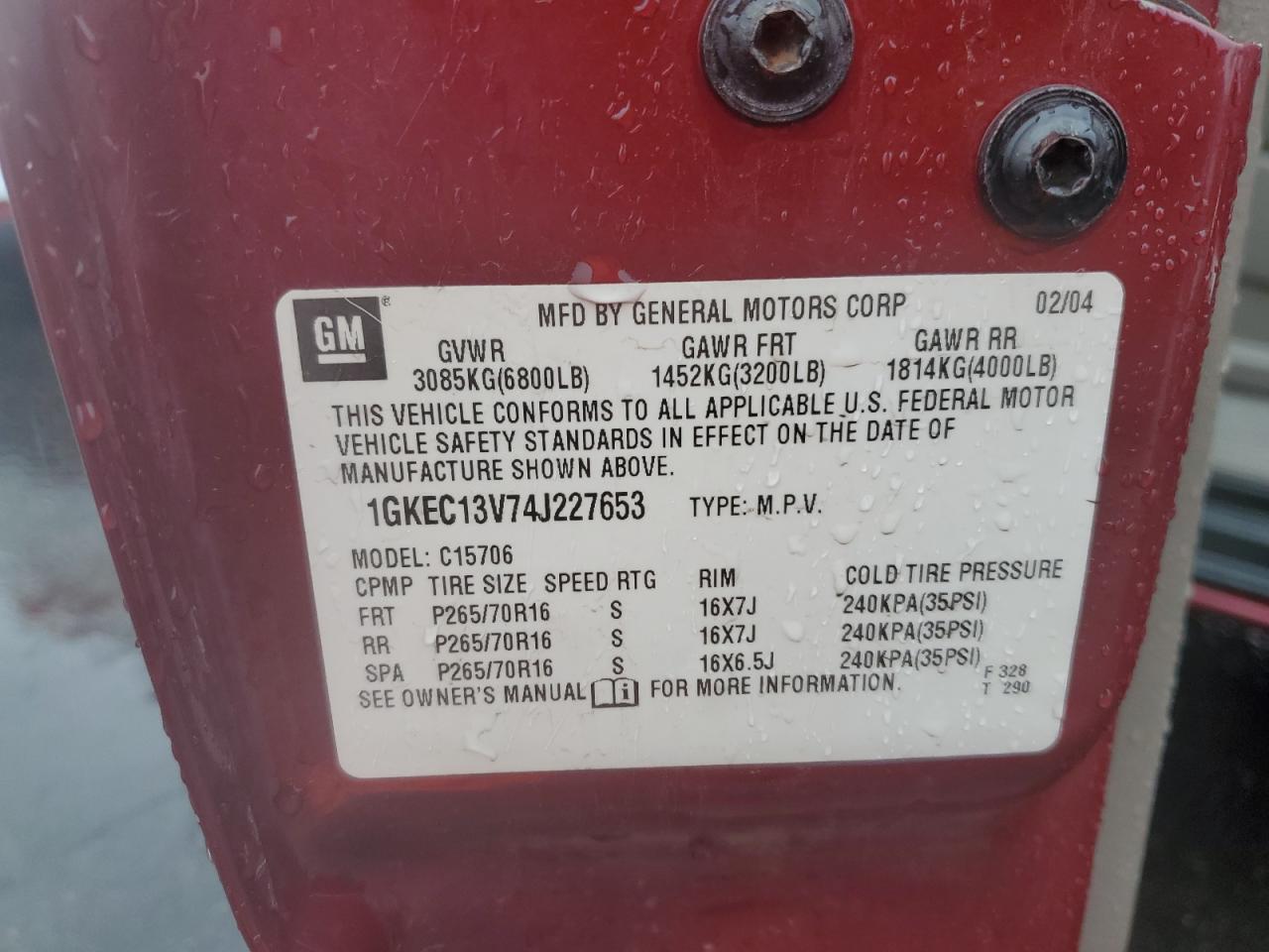 2004 GMC Yukon VIN: 1GKEC13V74J227653 Lot: 91741745