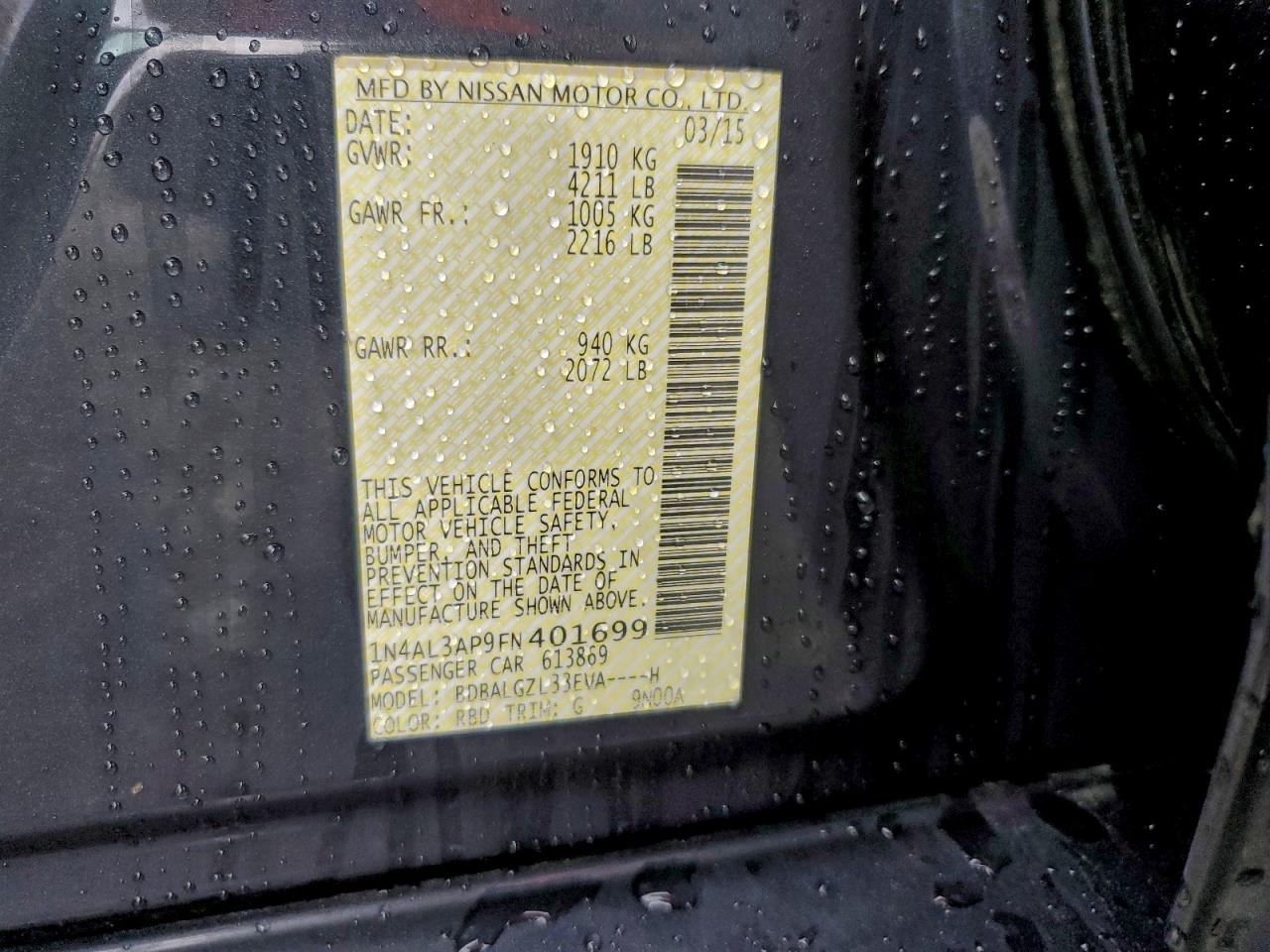 2015 Nissan Altima 2.5 VIN: 1N4AL3AP9FN401699 Lot: 94166045