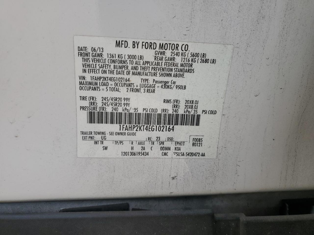 2014 Ford Taurus Sho VIN: 1FAHP2KT4EG102164 Lot: 92823955