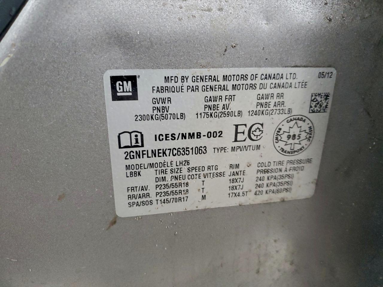 2012 Chevrolet Equinox Lt VIN: 2GNFLNEK7C6351063 Lot: 94653165