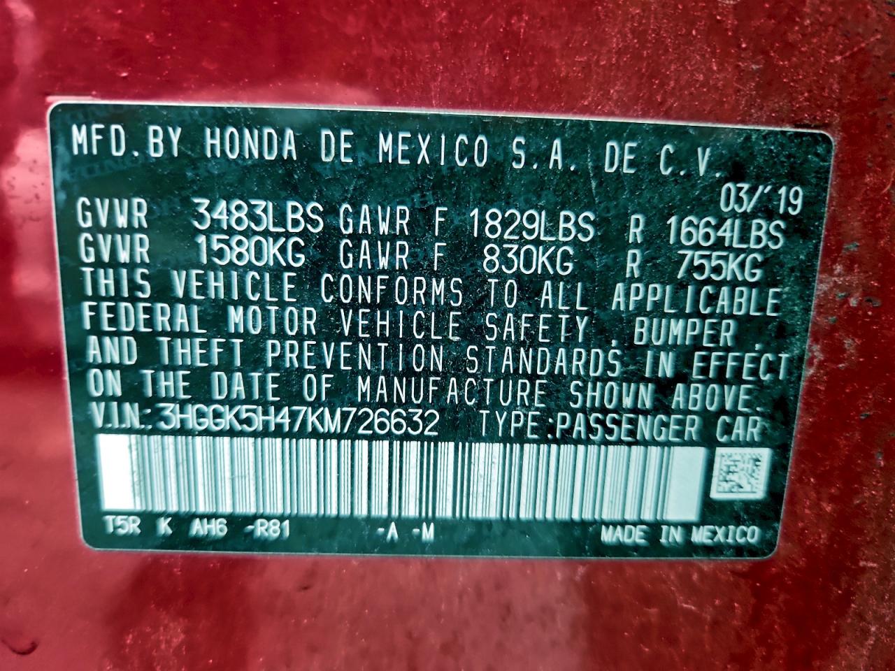 2019 Honda Fit Lx VIN: 3HGGK5H47KM726632 Lot: 94074505