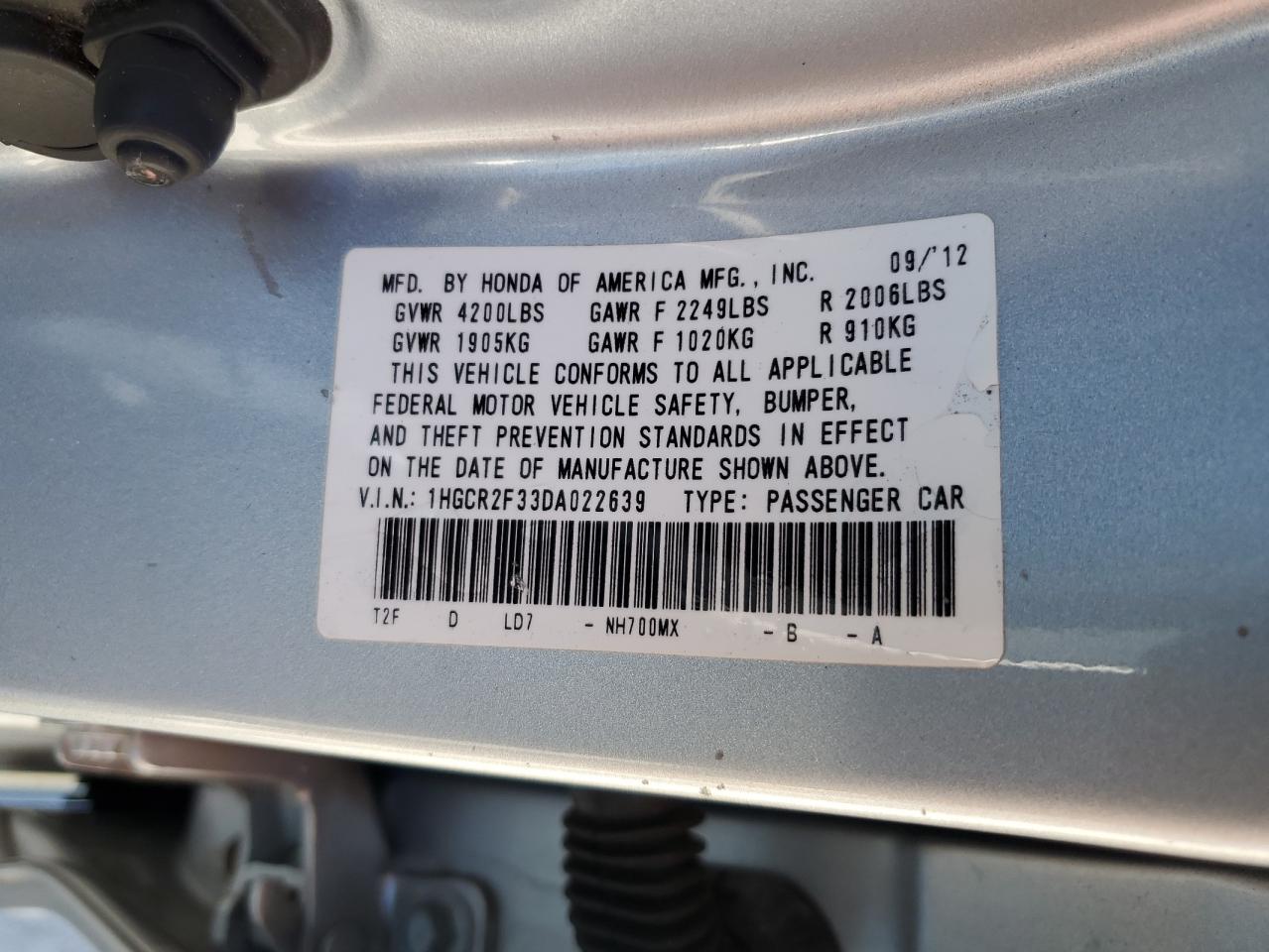 2013 Honda Accord Lx VIN: 1HGCR2F33DA022639 Lot: 91518215