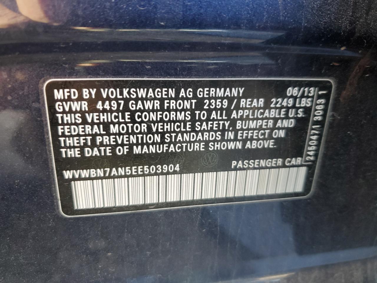 2014 Volkswagen Cc Sport VIN: WVWBN7AN5EE503904 Lot: 92329725