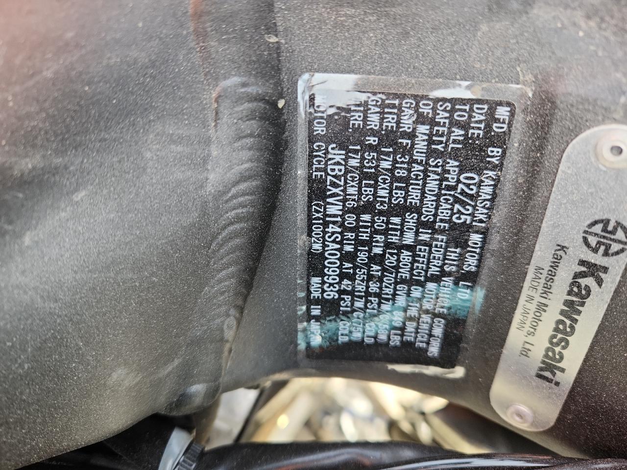 2025 Kawasaki Zx1002 M VIN: JKBZXVM14SA009936 Lot: 91286205