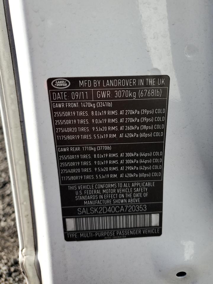 2012 Land Rover Range Rover Sport Hse Luxury VIN: SALSK2D40CA720353 Lot: 93521025