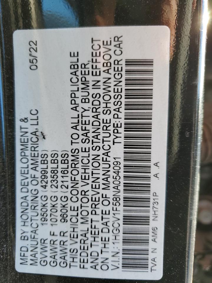 2022 Honda Accord Exl VIN: 1HGCV1F58NA054091 Lot: 92432115