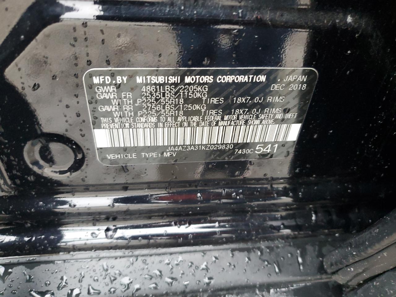 2019 Mitsubishi Outlander Se VIN: JA4AZ3A31KZ029830 Lot: 93848935