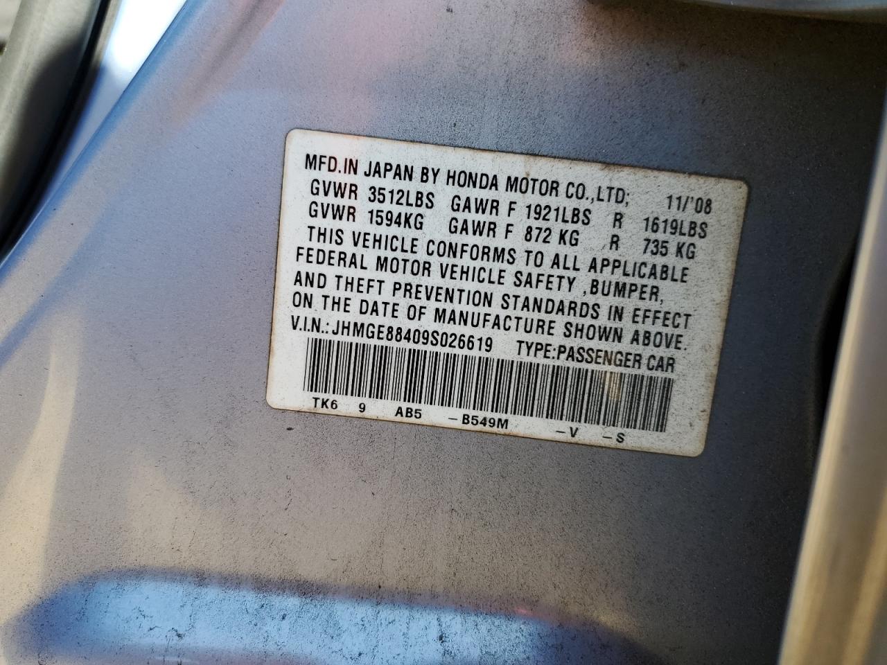 2009 Honda Fit Sport VIN: JHMGE88409S026619 Lot: 91218615