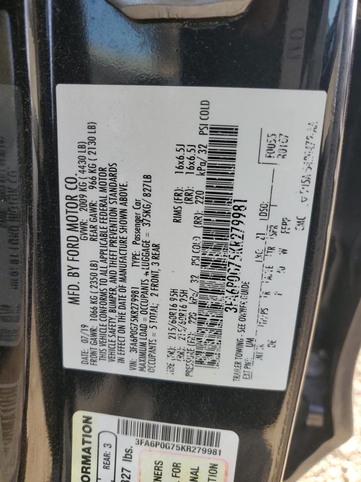 2019 Ford Fusion S VIN: 3FA6P0G75KR279981 Lot: 92649625