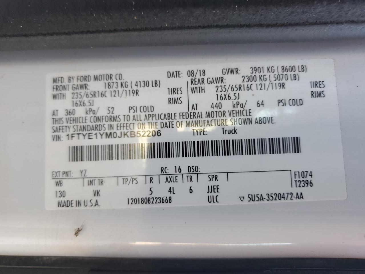 2018 Ford Transit 150 Delivery Van VIN: 1FTYE1YM0JKB52206 Lot: 91062665