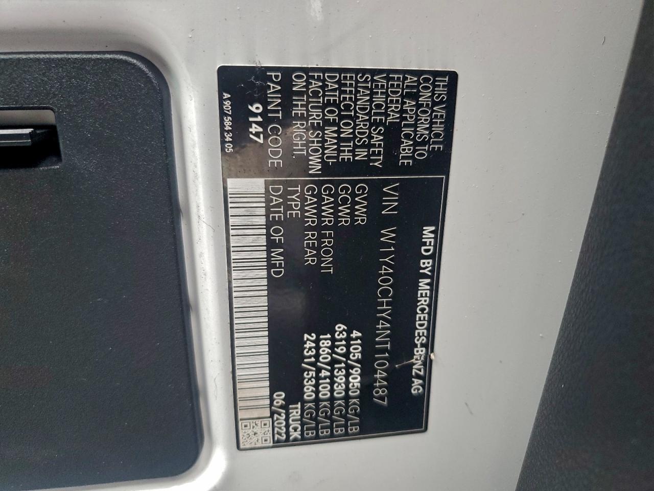 2022 Mercedes-Benz Sprinter 2500 VIN: W1Y40CHY4NT104487 Lot: 91432225