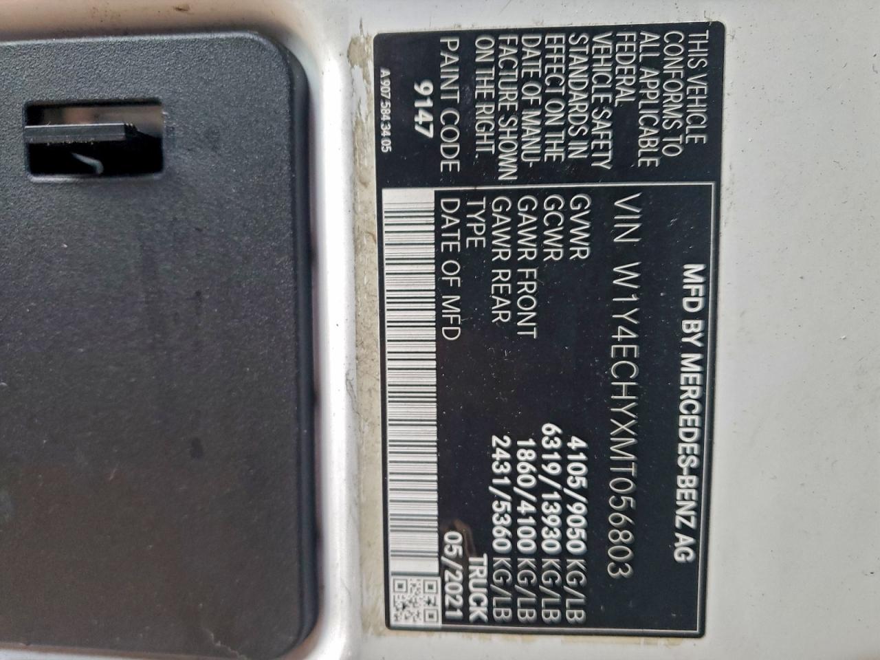 2021 Mercedes-Benz Sprinter 2500 VIN: W1Y4ECHYXMT056803 Lot: 93644015