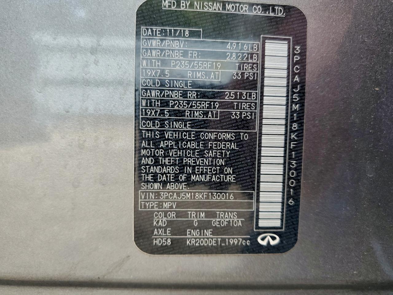 2019 Infiniti Qx50 Essential VIN: 3PCAJ5M18KF130016 Lot: 94399065