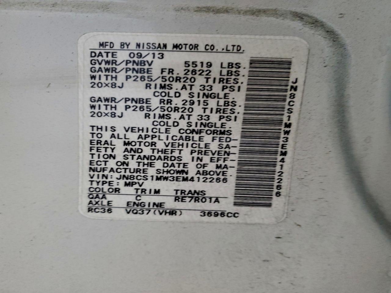 2014 Infiniti Qx70 VIN: JN8CS1MW3EM412266 Lot: 93871145