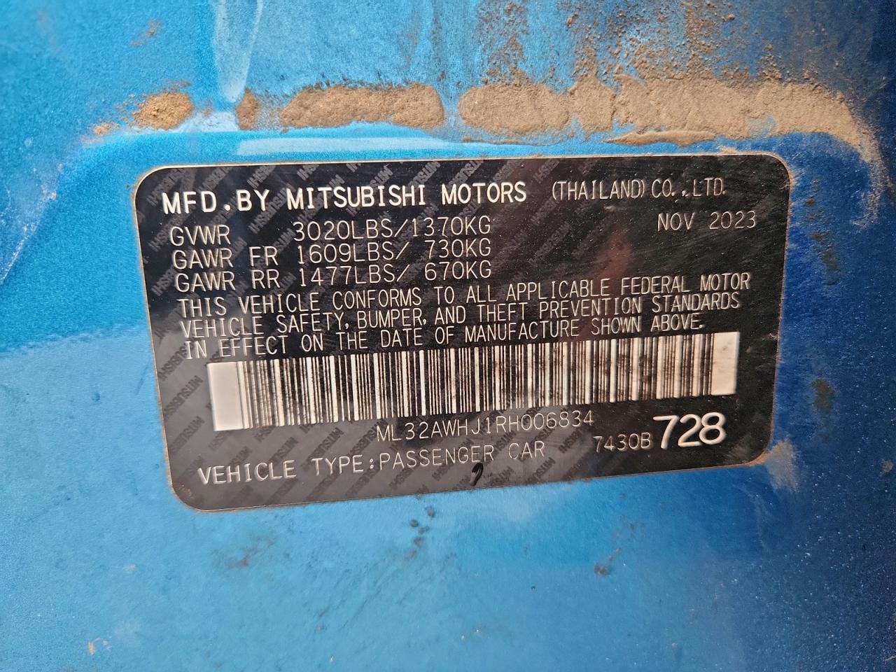 2024 Mitsubishi Mirage Se VIN: ML32AWHJ1RH006834 Lot: 94150595